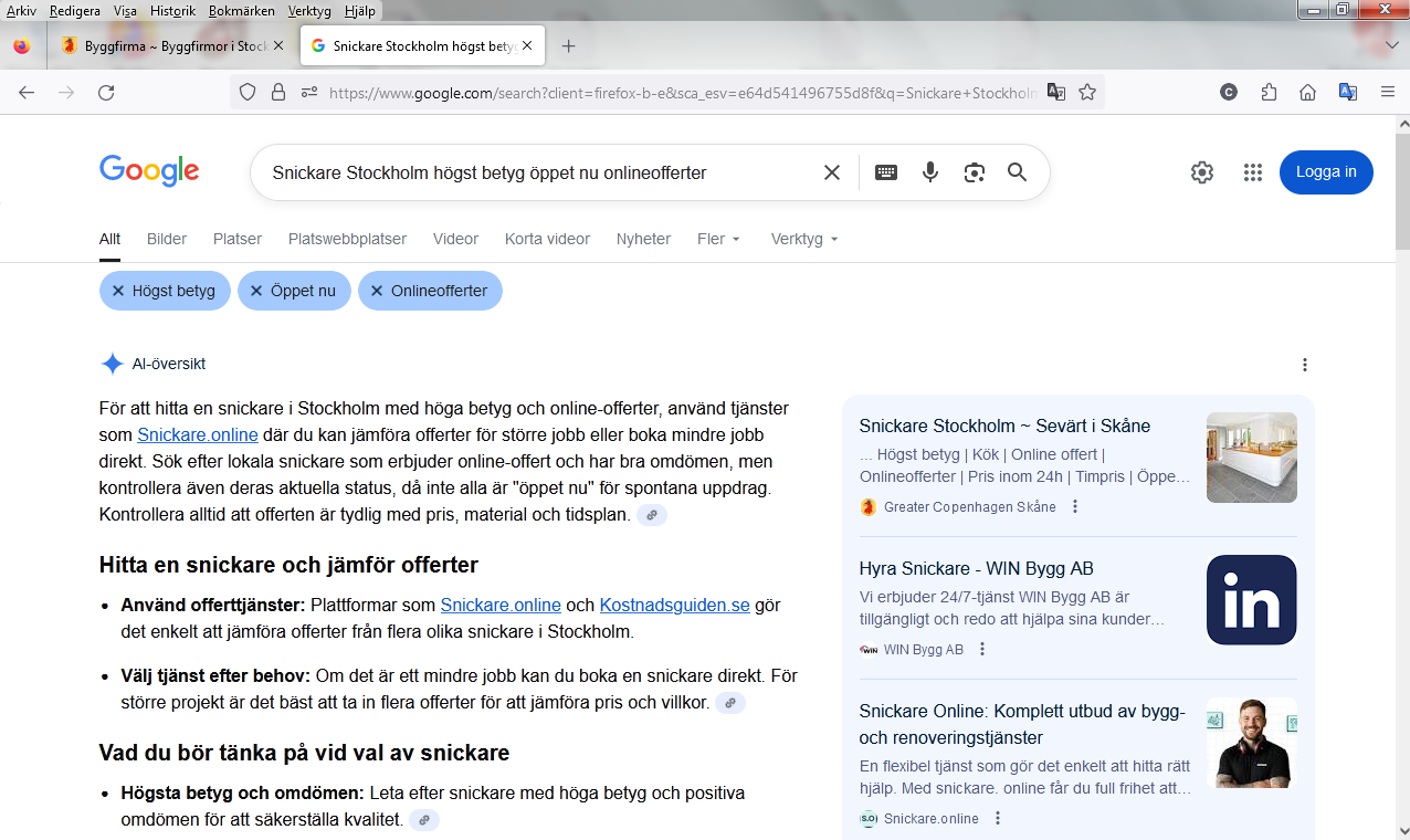 Snickare Stockholm högst betyg öppet nu onlineofferter