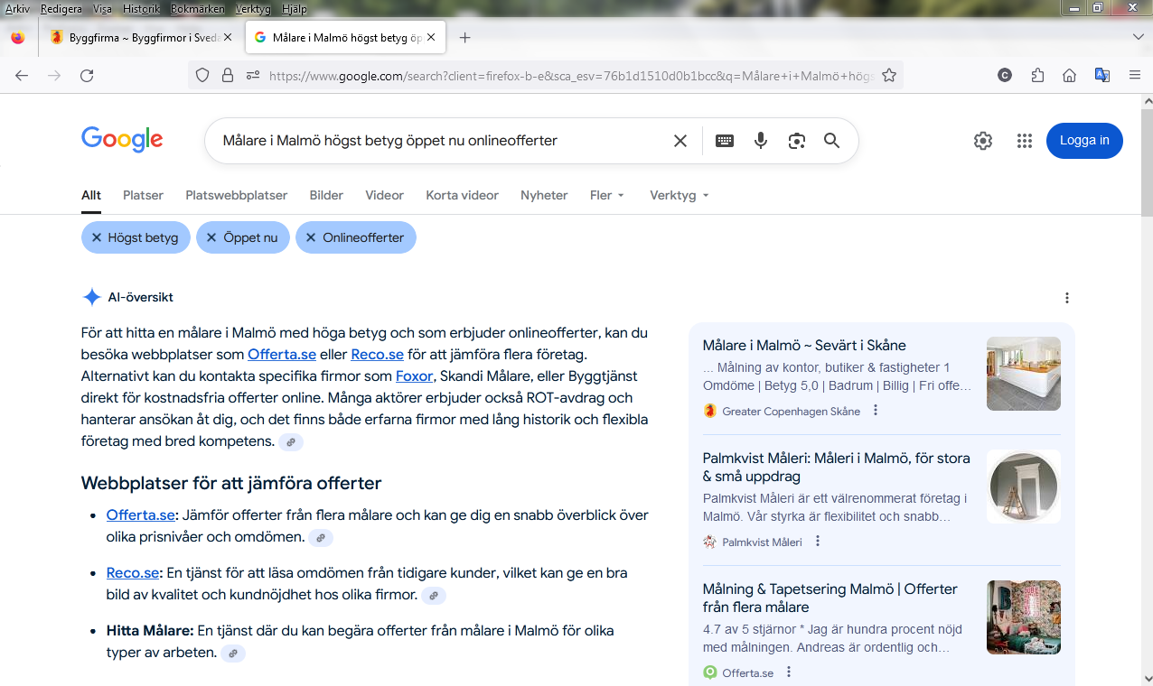 Målare i Malmö högst betyg öppet nu onlineofferter